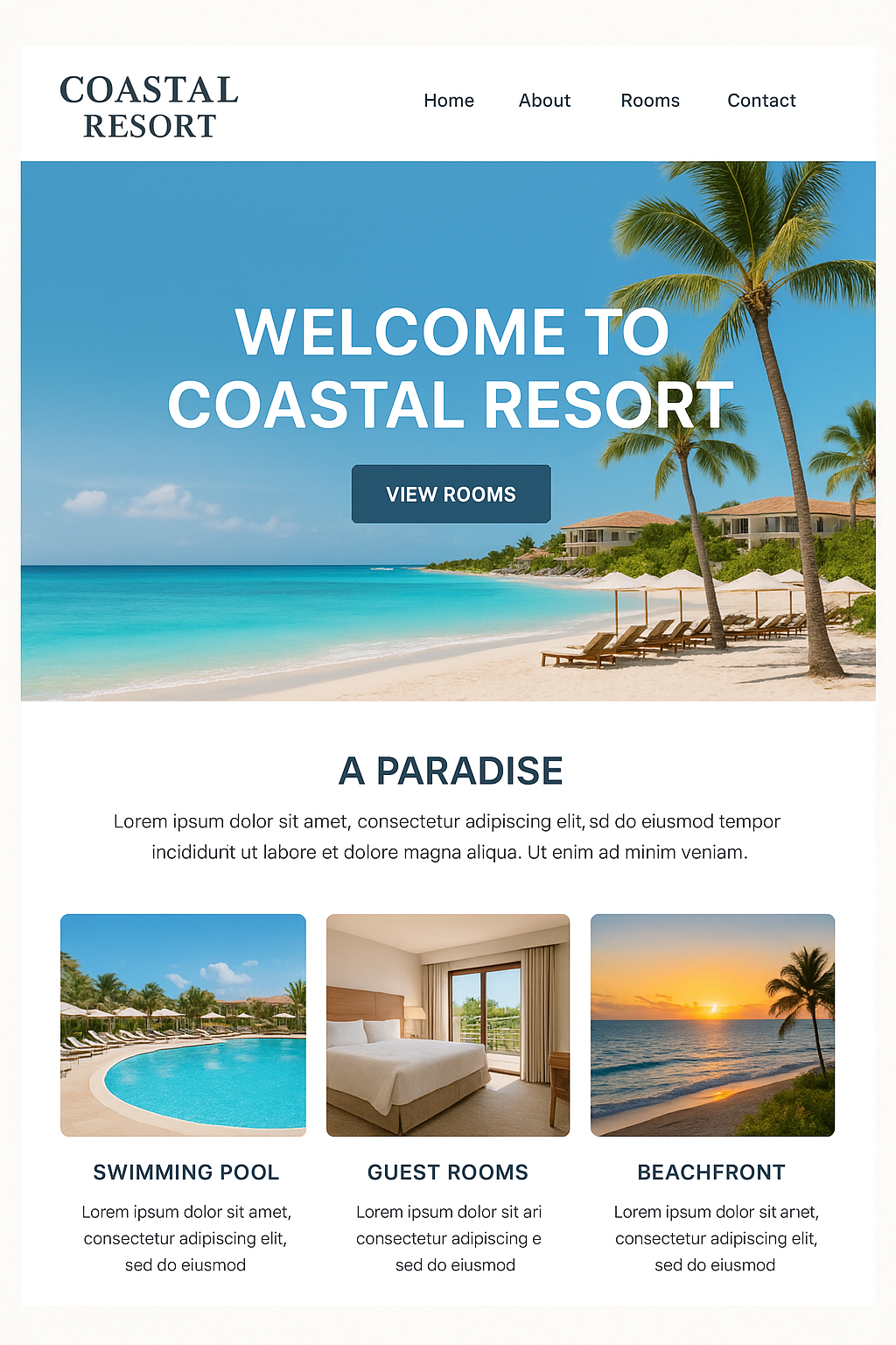 Website homepage of Coastal Resort showing a beach with palm trees, turquoise ocean, and lounge chairs under umbrellas, plus images of a swimming pool, guest room, and a beachfront sunset.