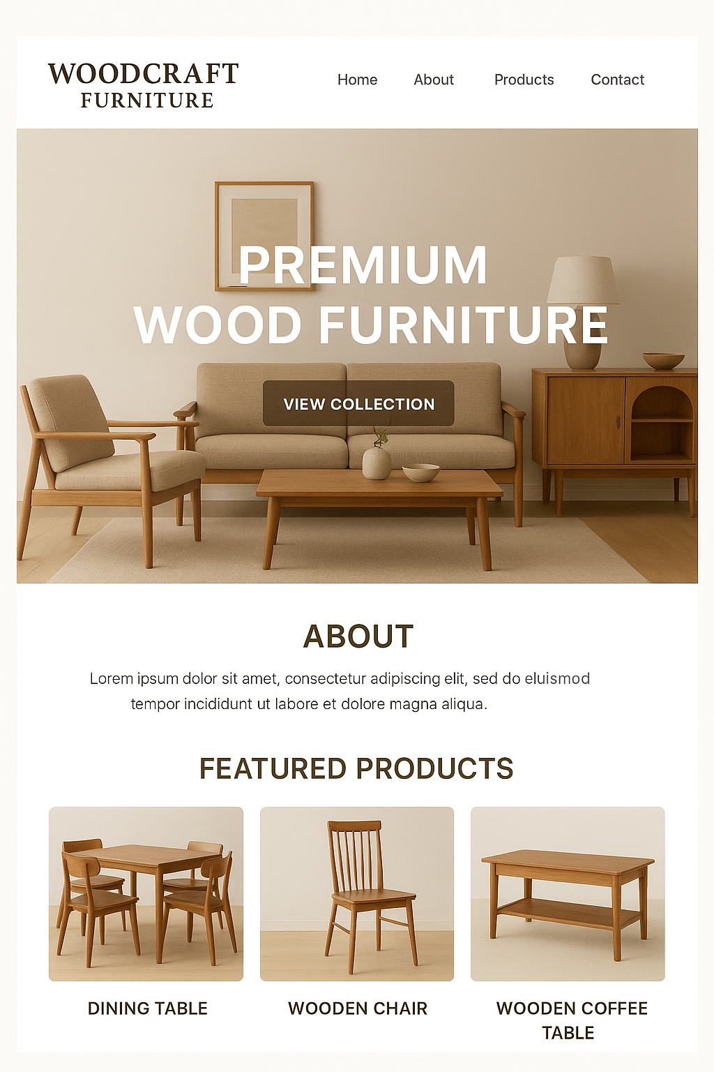 Website homepage for Woodcraft Furniture featuring a beige sofa, armchair, coffee table, and wooden cabinet, with sections for About and Featured Products including dining table, wooden chair, and wooden coffee table.