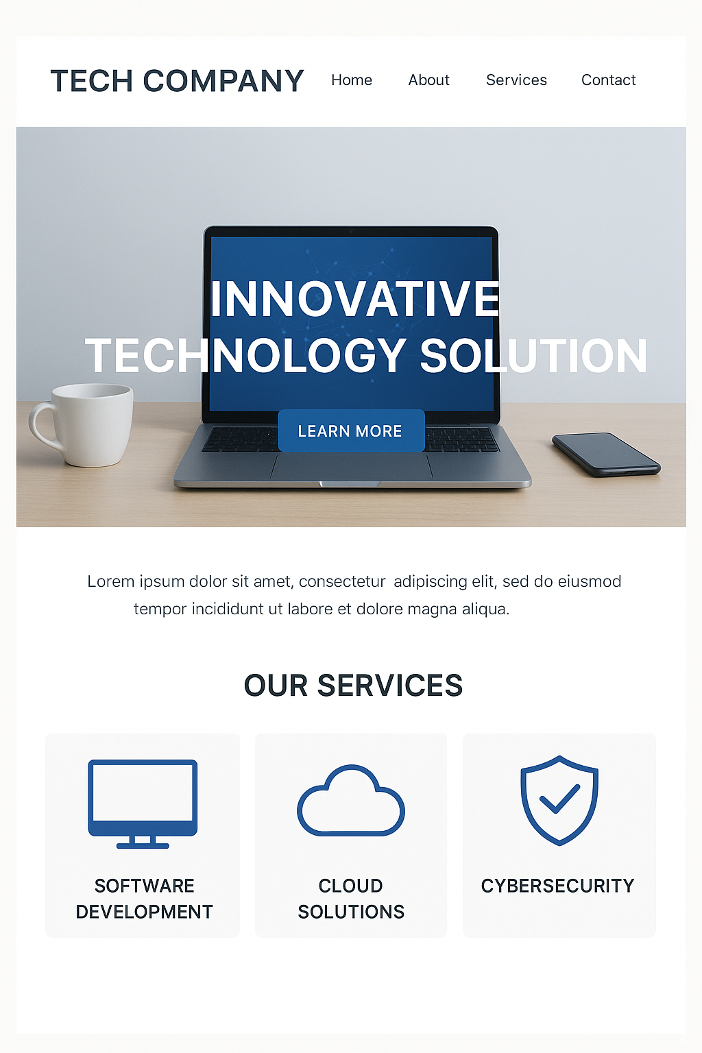 Tech company website homepage with navigation, laptop displaying 'Innovative Technology Solution' and services: Software Development, Cloud Solutions, Cybersecurity.