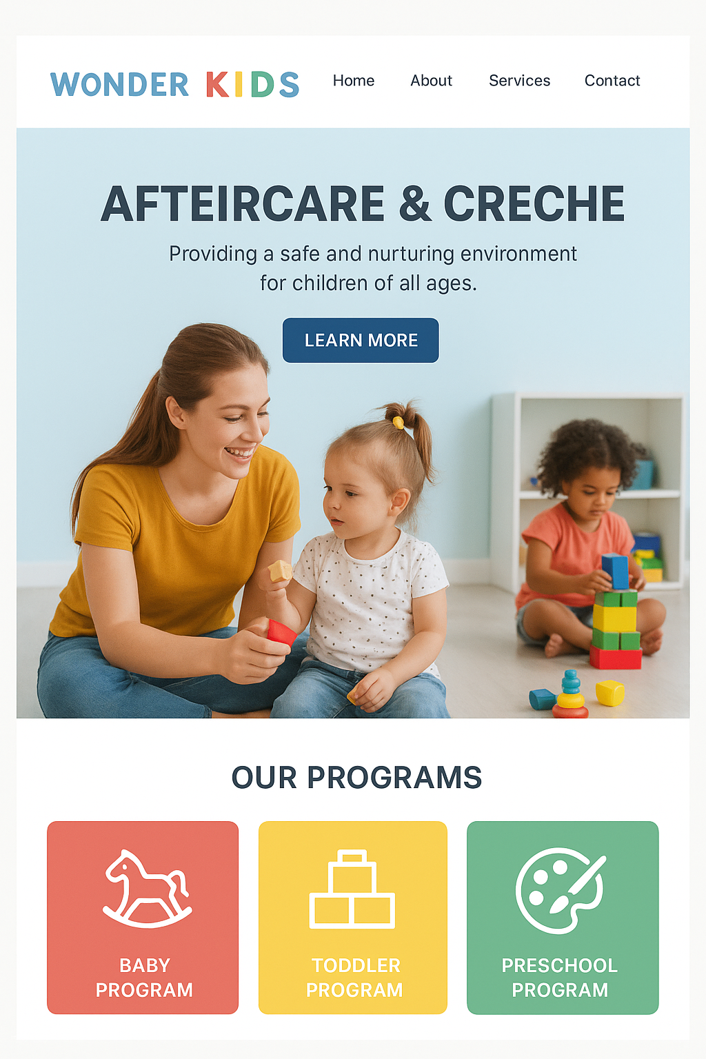 Woman and two toddlers playing with colorful blocks and toys in a bright nursery setting.