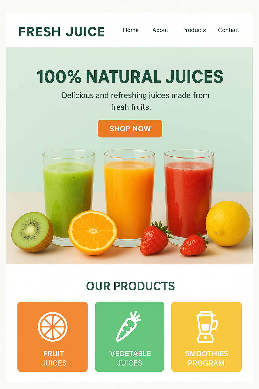 Website header for Fresh Juice featuring three glasses of green, orange, and red juice with kiwi, orange, strawberries, and lemon, plus buttons for Fruit Juices, Vegetable Juices, and Smoothies Program.