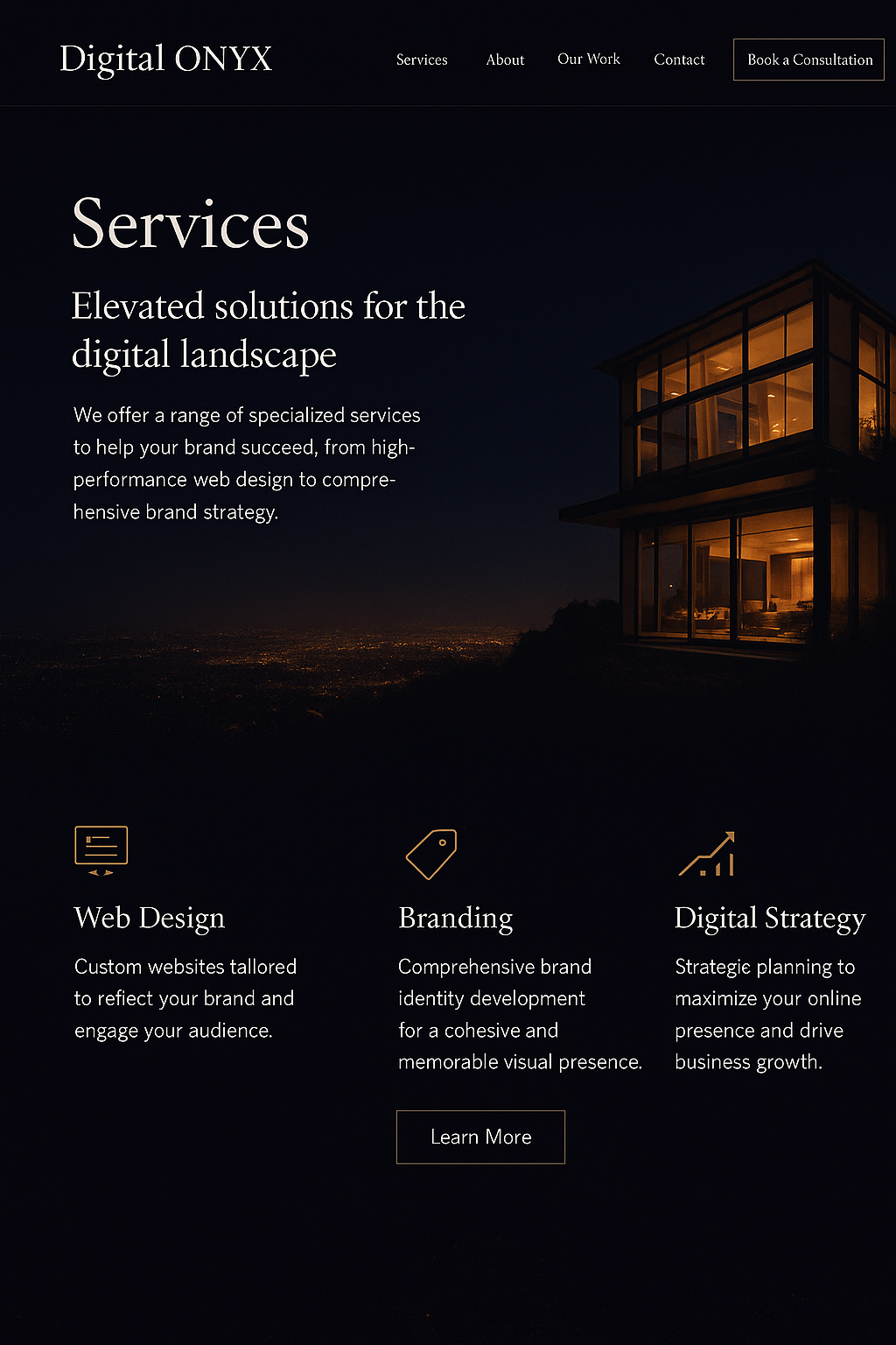 Digital ONYX services page with night view of illuminated modern house overlooking city lights, highlighting web design, branding, and digital strategy offerings.