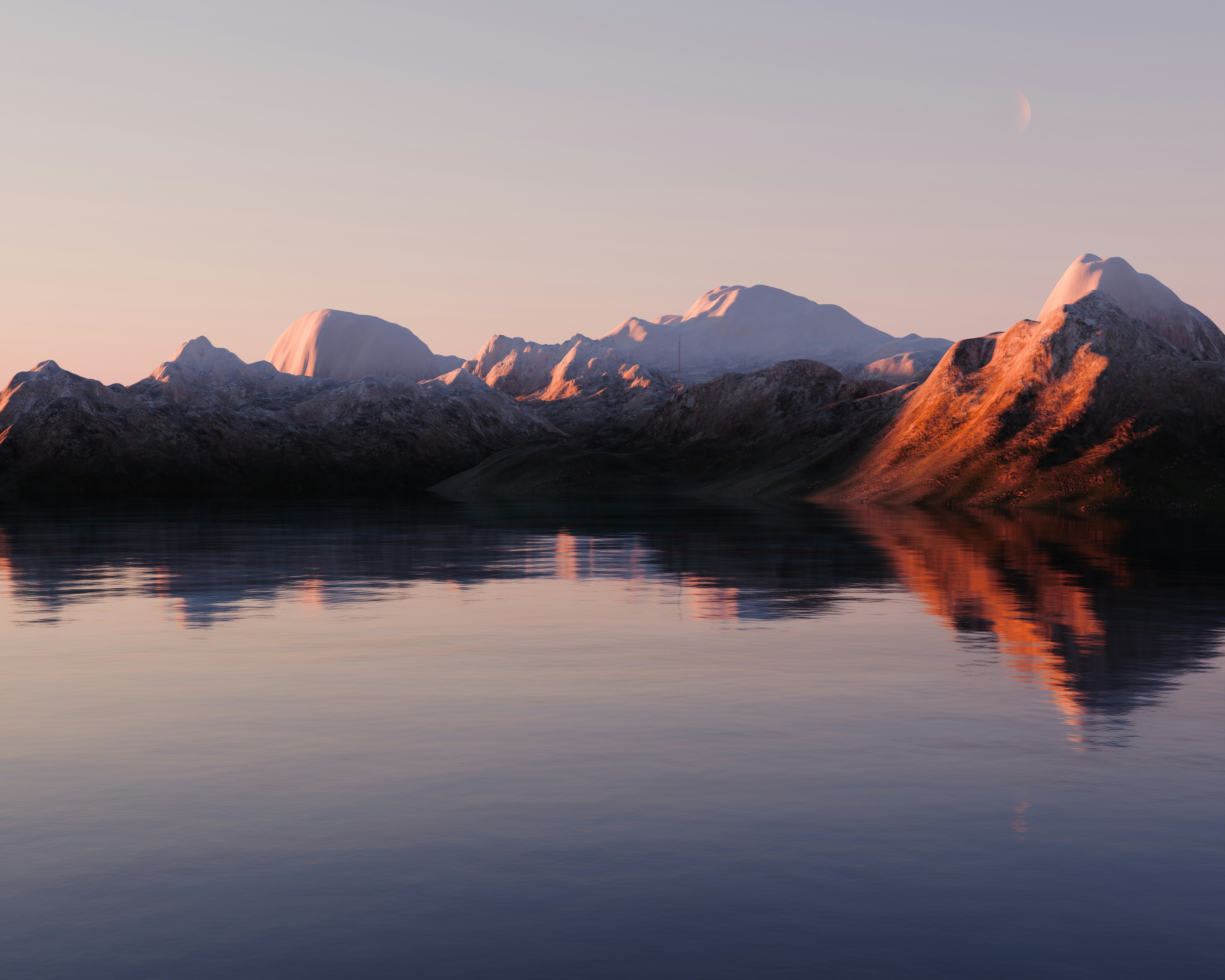 Mountain range with snow-capped peaks reflecting on a calm lake during sunset.