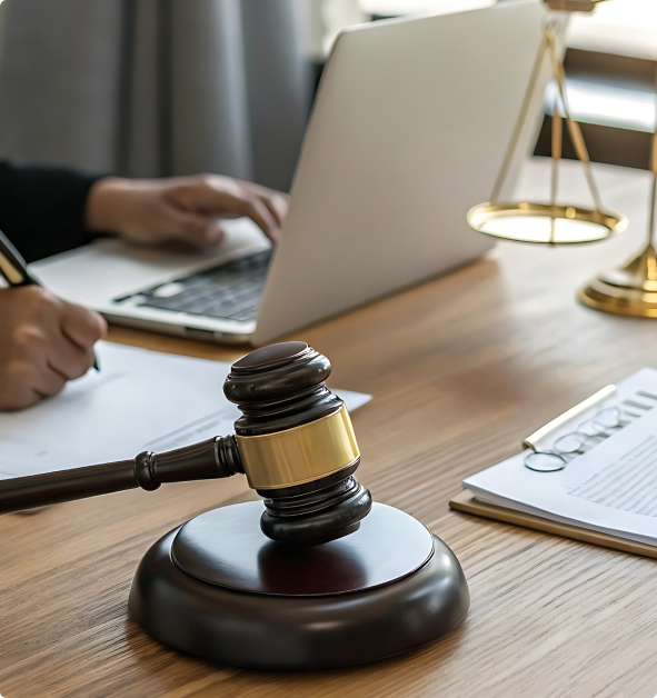 Wooden judge gavel on desk with person typing on laptop and legal documents nearby.