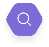 Purple hexagon icon with a white magnifying glass symbol inside.