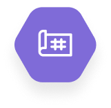 Hexagonal purple icon with white code brackets and a hash symbol inside.