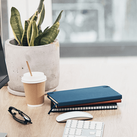 Modern seating area with gray sofas, an orange armchair, a glass-top coffee table, and large windows with plants outside.