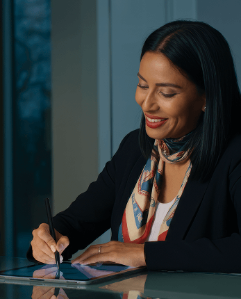 A woman with short blonde hair smiles and leans toward a seated woman with dark hair wearing a headset, who is typing on a keyboard.