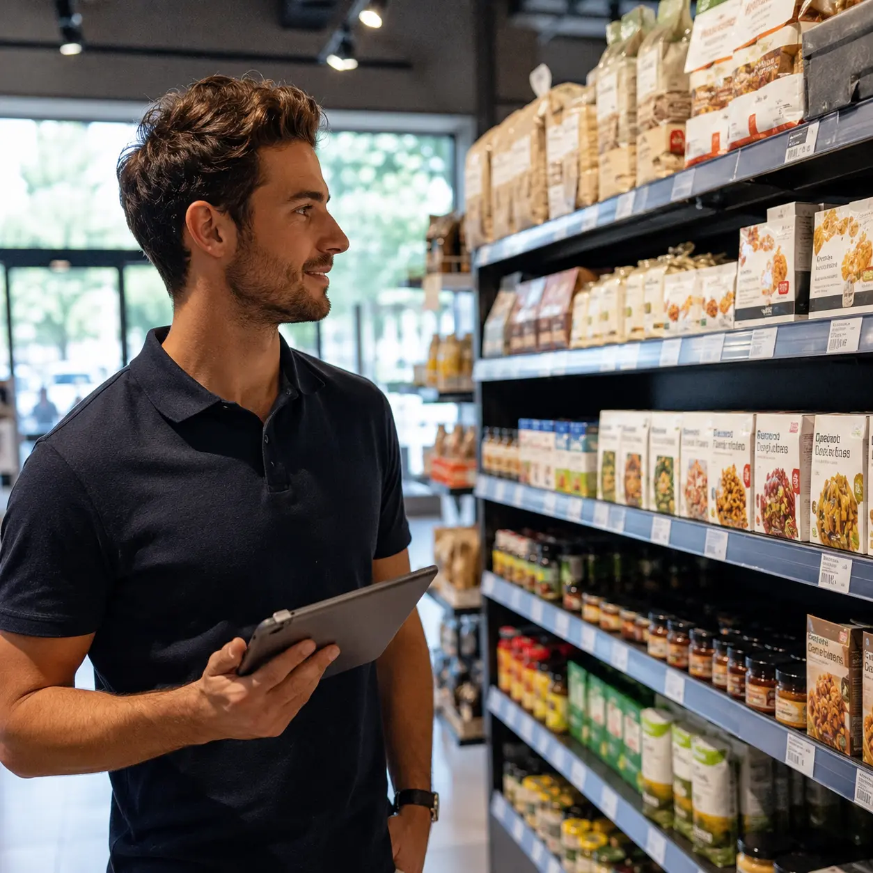 Merchandiser vérifiant l'implantation d'un rayon en magasin