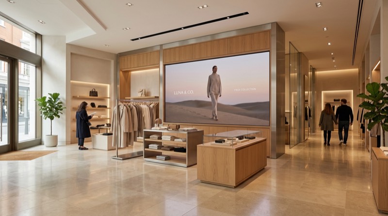 Large indoor LED video wall showing calm brand imagery in a premium retail store interior