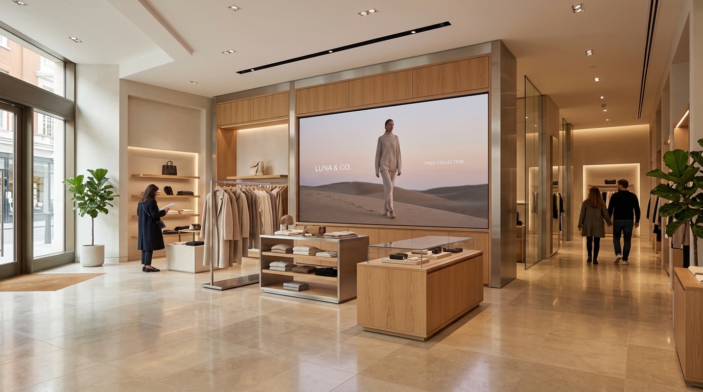 Large indoor LED video wall showing calm brand imagery in a premium retail store interior