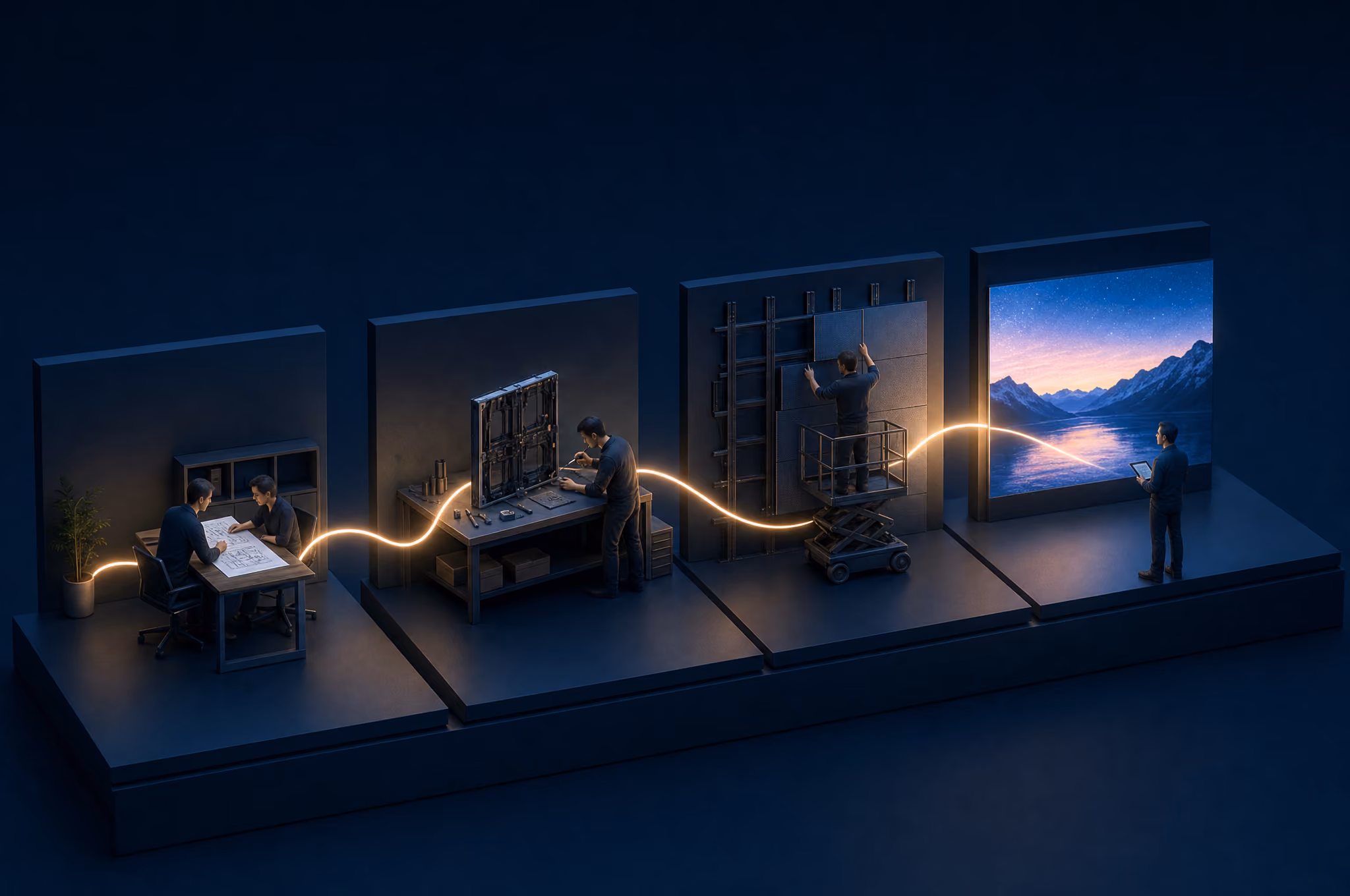 Miniature scenes of one team delivering an LED video wall project, connected by a single thread of light from consultation and engineering to installation and after-care