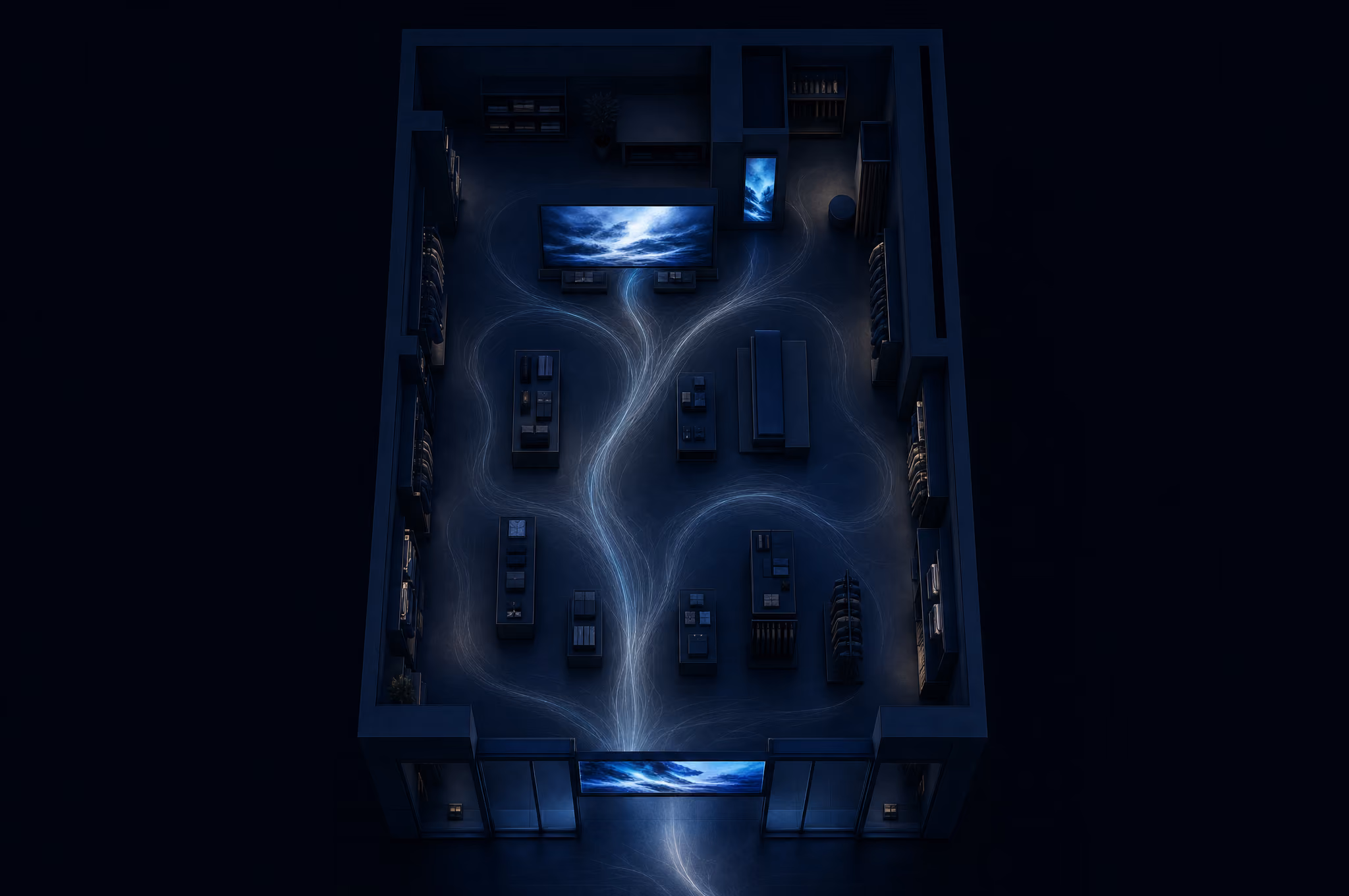 Overhead view of a retail store at night with LED displays glowing and light trails showing customer movement between the entrance and the screens