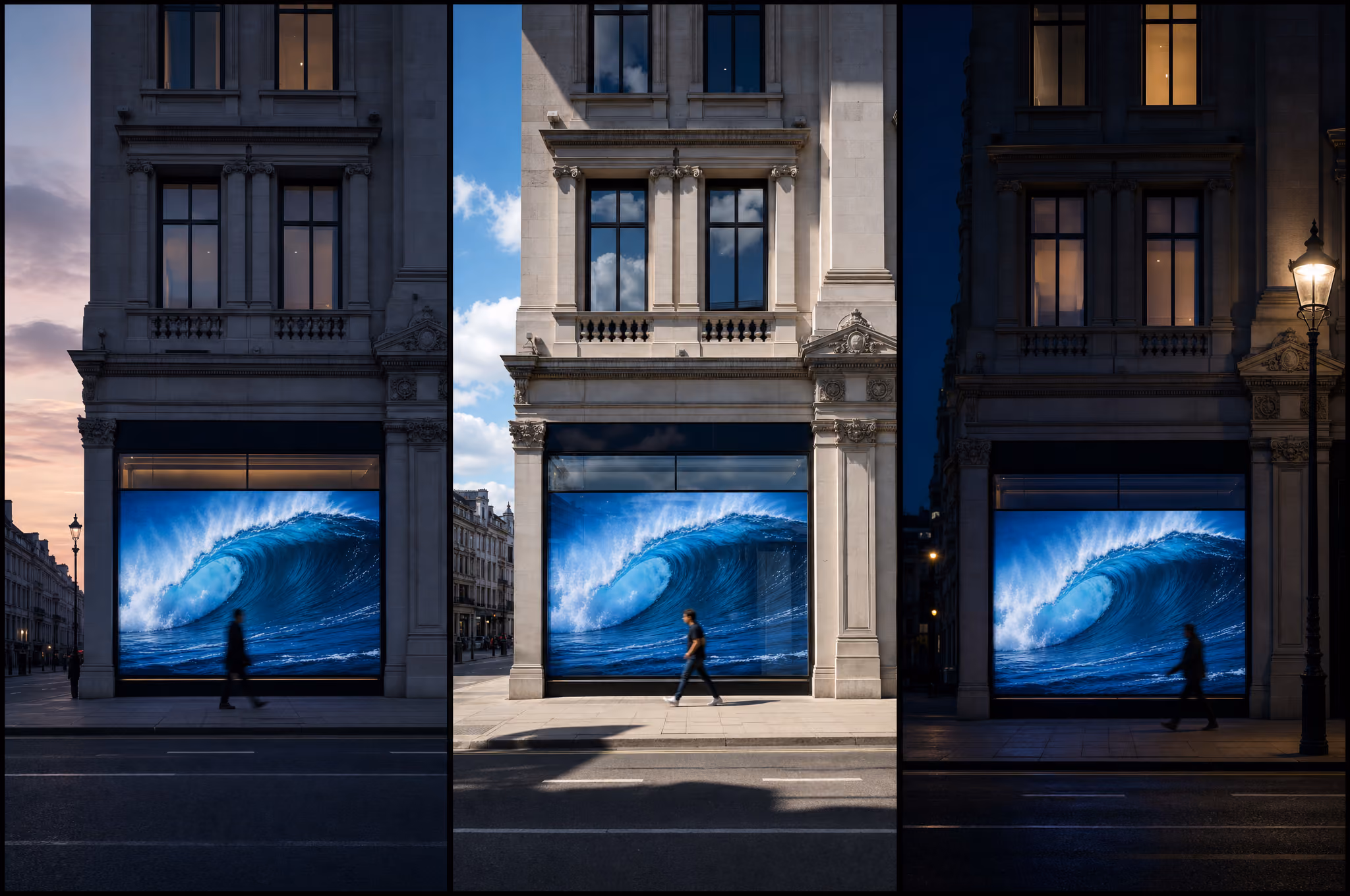 The same shopfront LED display at dawn, midday, and night, with the screen equally bright and legible in all three lighting conditions