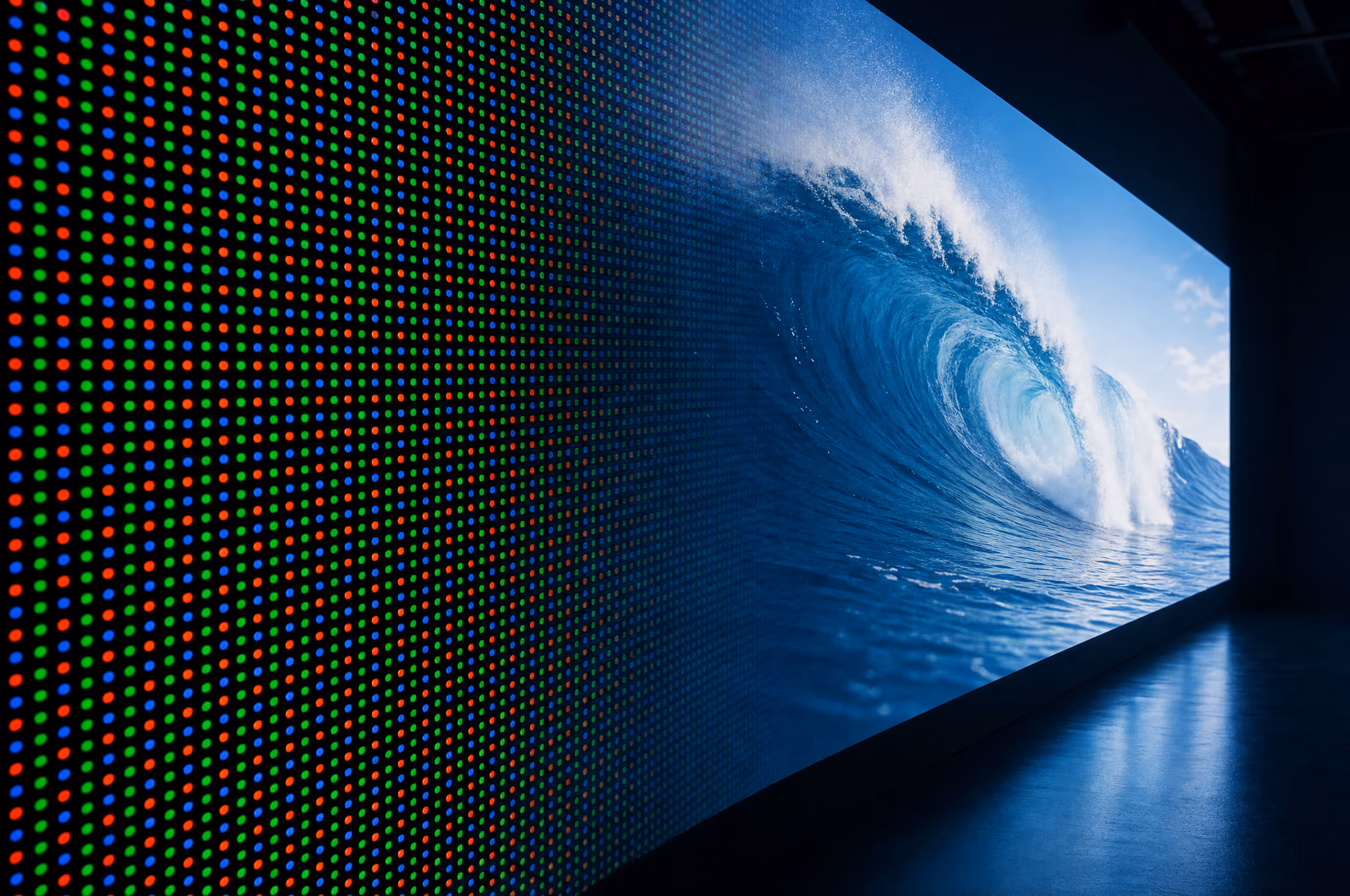 Close-up of individual LED pixels resolving into a seamless ocean-wave image at viewing distance, showing why pixel pitch is matched to how far away people stand