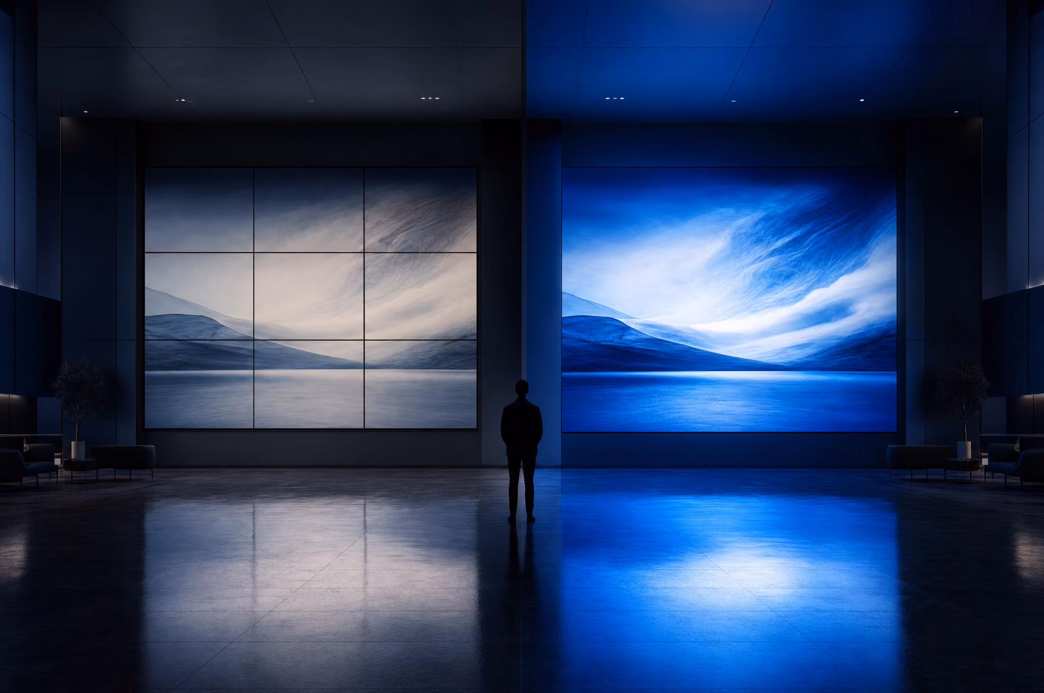 Split view of one lobby comparing an LCD video wall with visible bezels and washed-out colour against a seamless, vivid LED video wall