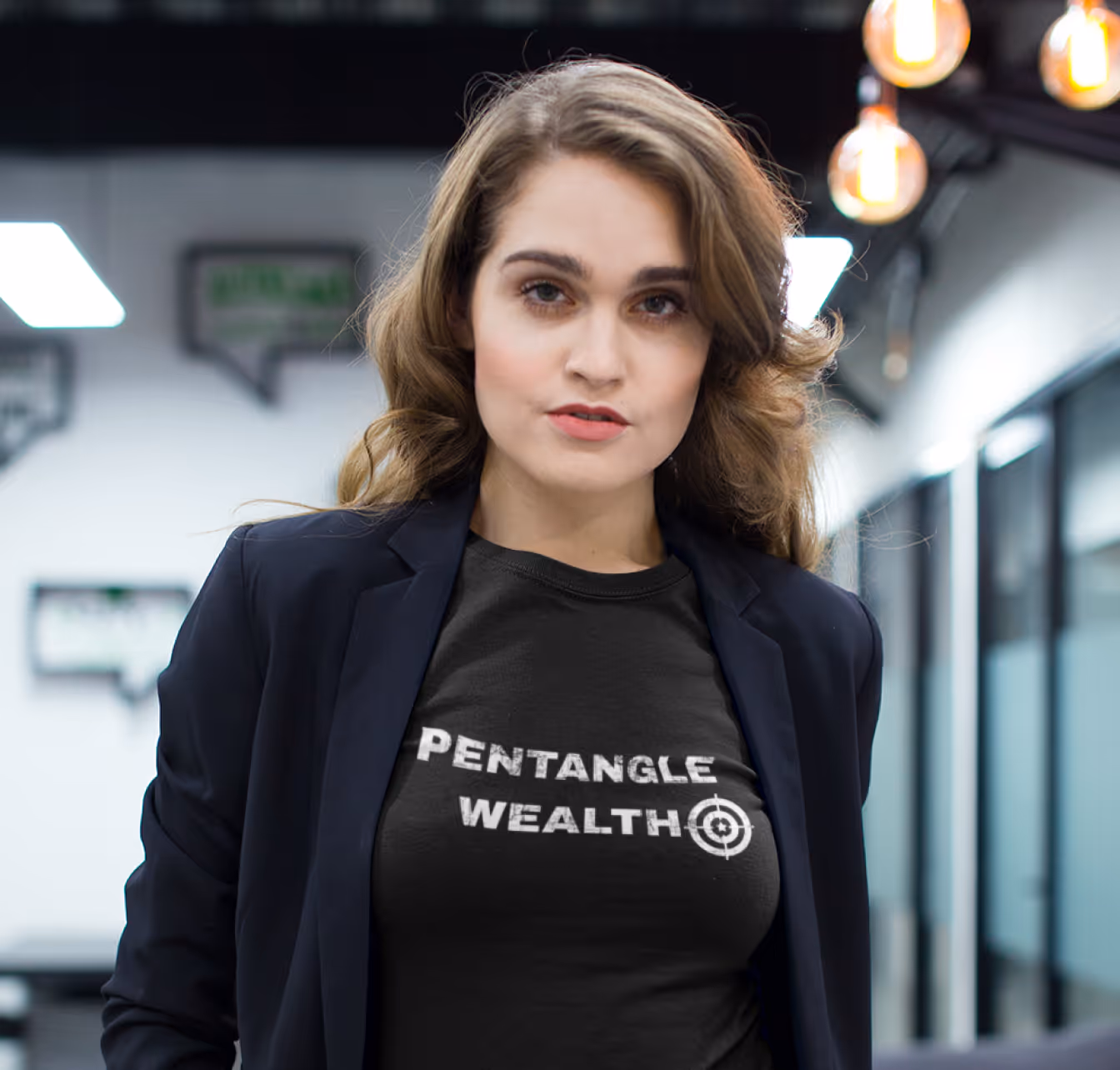 Woman wearing a black custom printed t-shirt representing professional brand apparel.