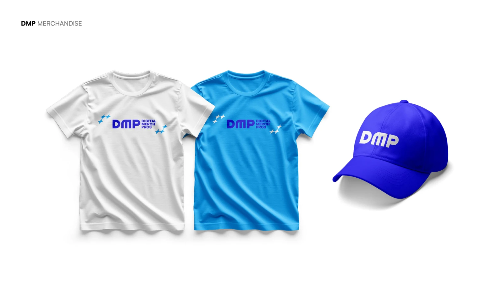 DMP branded white and light blue shirts and blue cap from its brand guideline