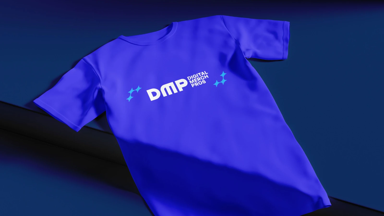 DMP blue shirt with original Digital Merch Pros monogram from the supplied brand guideline