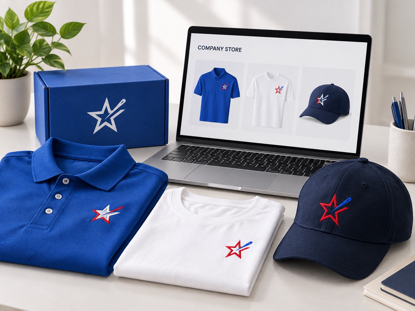 Company store on laptop with branded merchandise