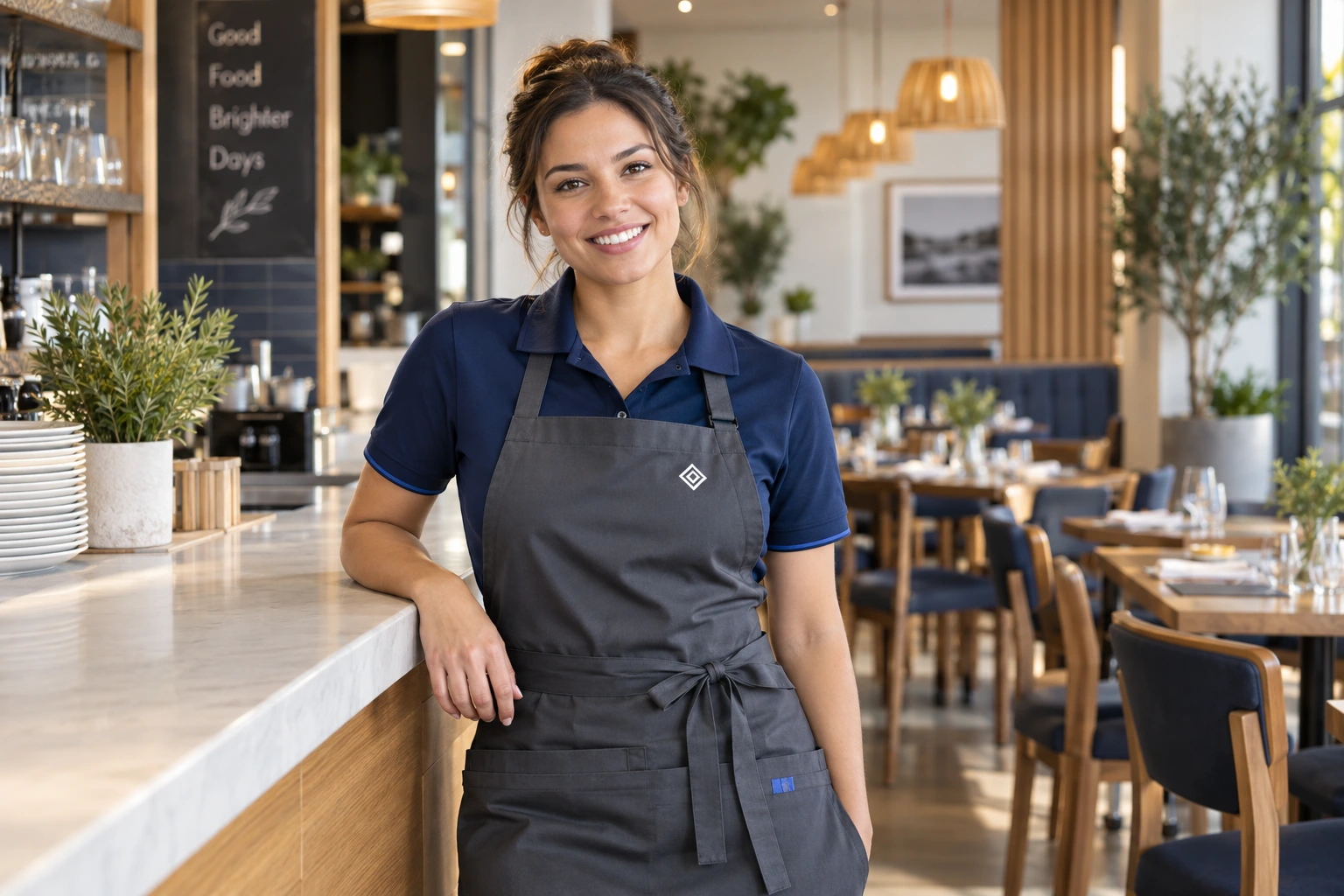 Illustrative restaurant professional wearing a branded apron