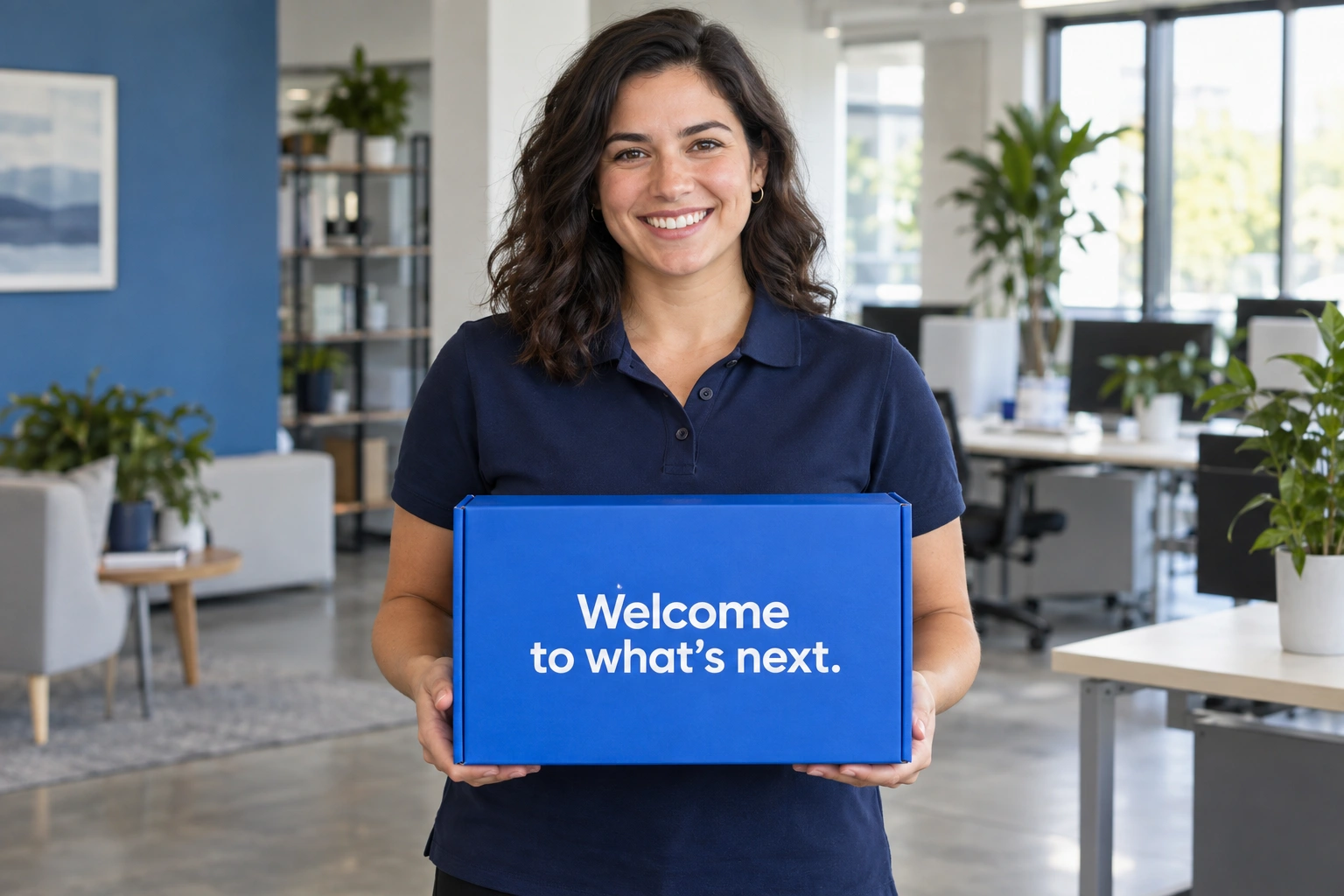Illustrative new employee holding a blue welcome box
