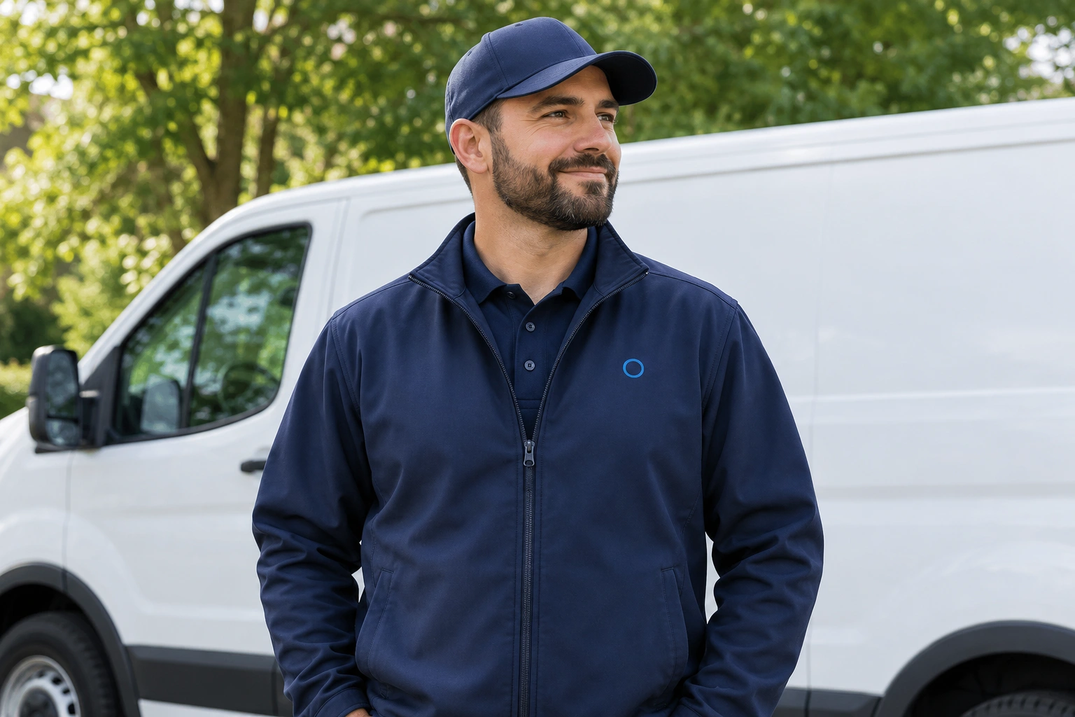 Illustrative field technician wearing navy workwear beside a service van