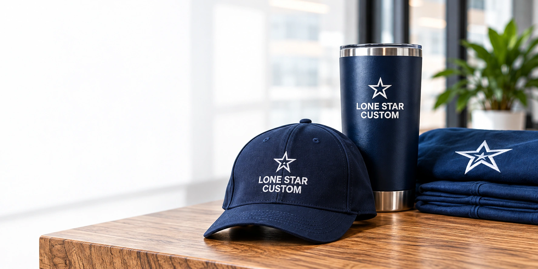 Illustrative LS Custom navy branded apparel and accessories on an oak table