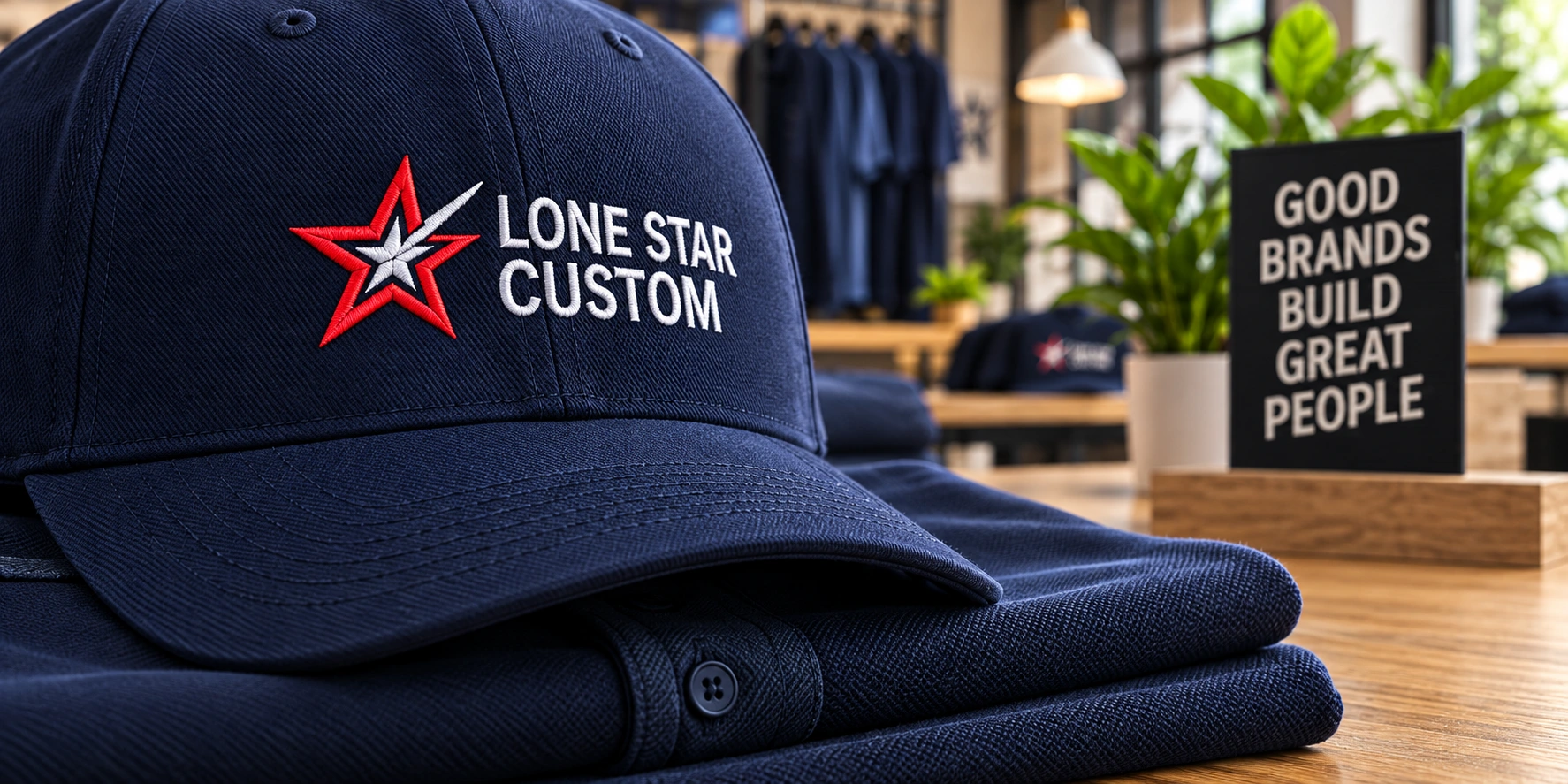 Illustrative LS Custom navy branded apparel and accessories on an oak table