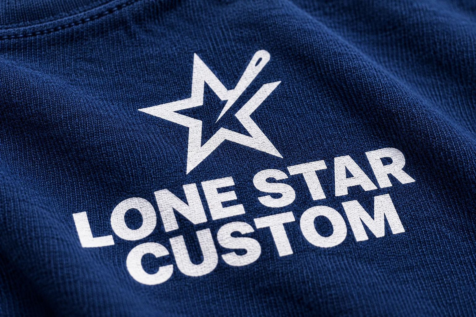 White LS Custom logo printed on navy fabric