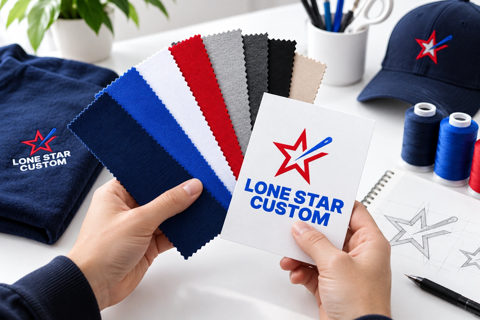Royal blue, red, white and navy fabric swatches beside branded samples