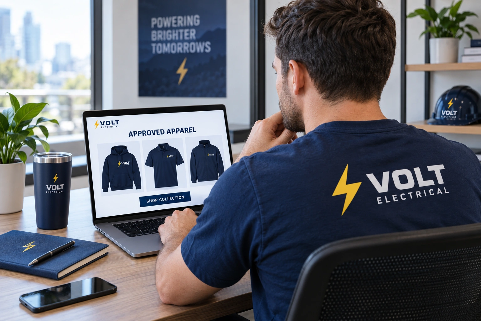 Illustrative employee browsing a company apparel store