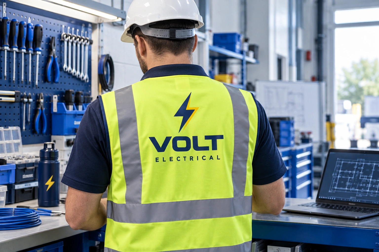 Worker wearing a reflective vest with a contractor logo