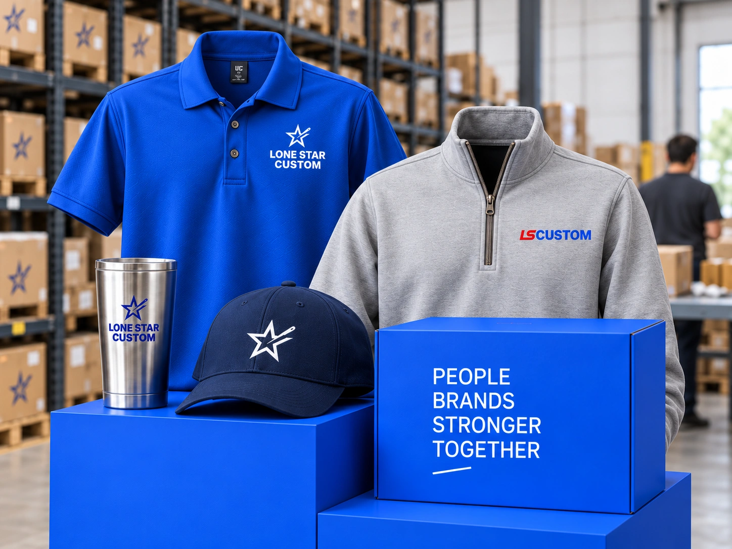 Royal blue polo, gray quarter zip, navy cap and stainless tumbler