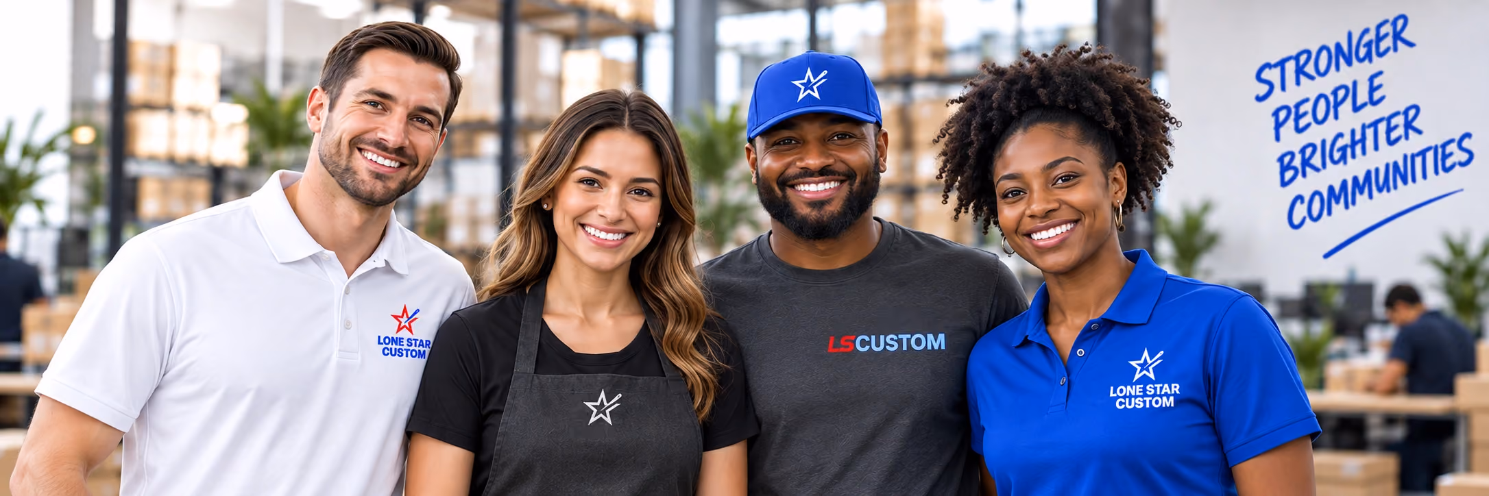 Four distinct people modeling white, charcoal and royal blue apparel