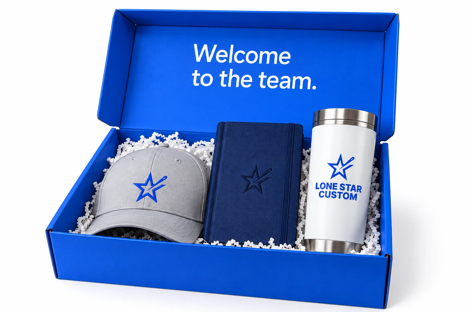 Branded cap, notebook and tumbler in a blue employee welcome box