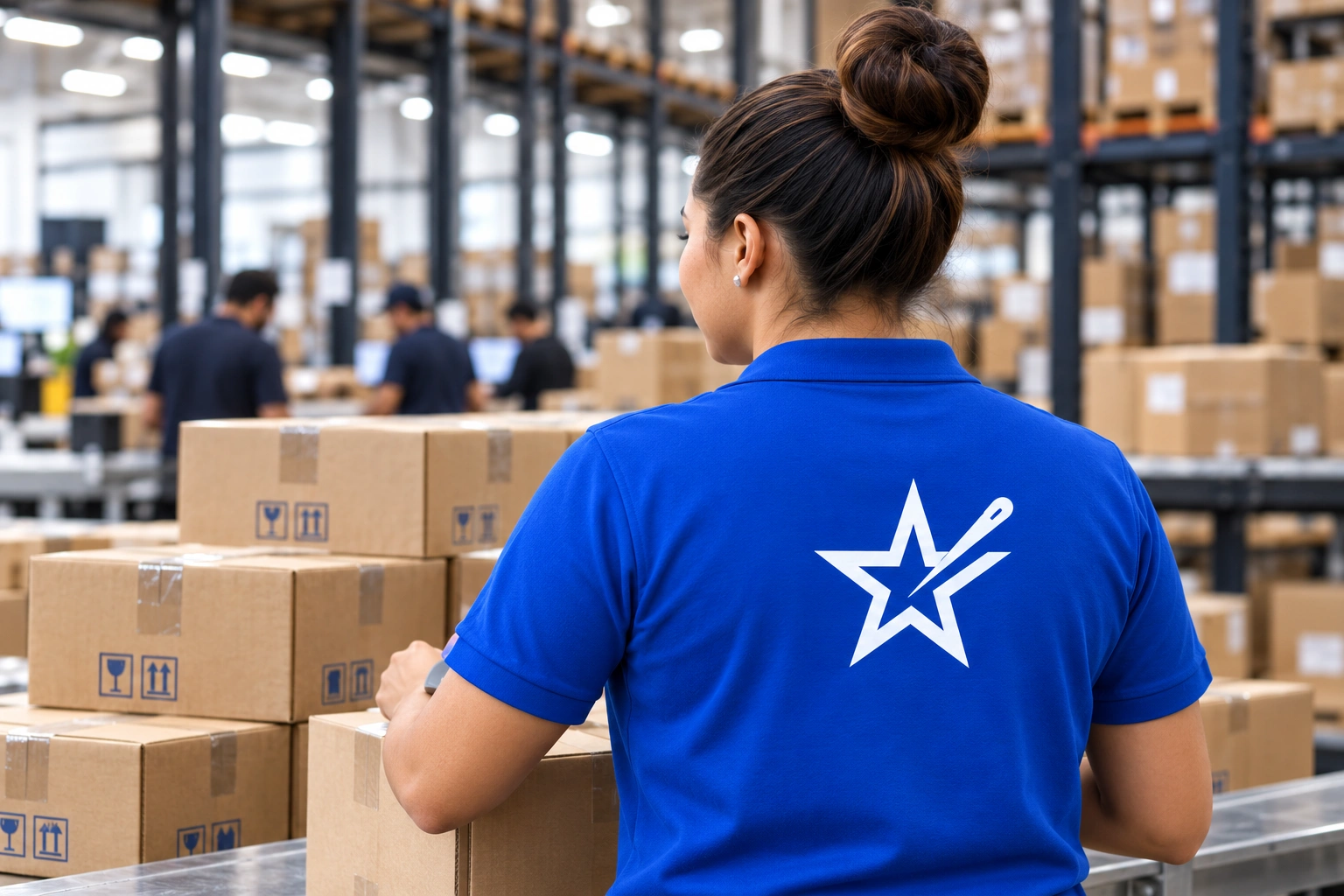 Royal blue branded shirt worn while preparing merchandise shipments
