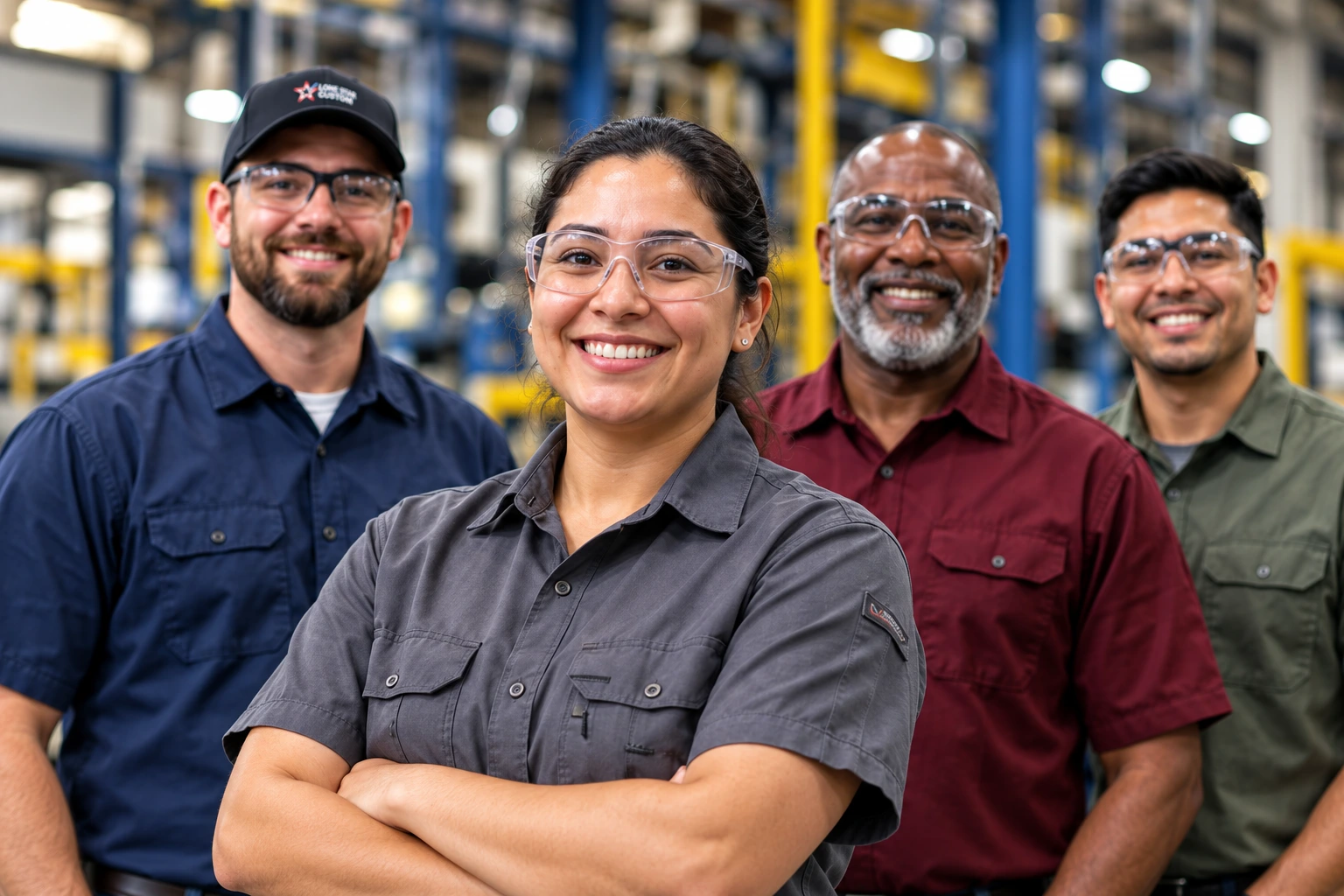 Four manufacturing team members in gray, navy, burgundy and sage work shirts