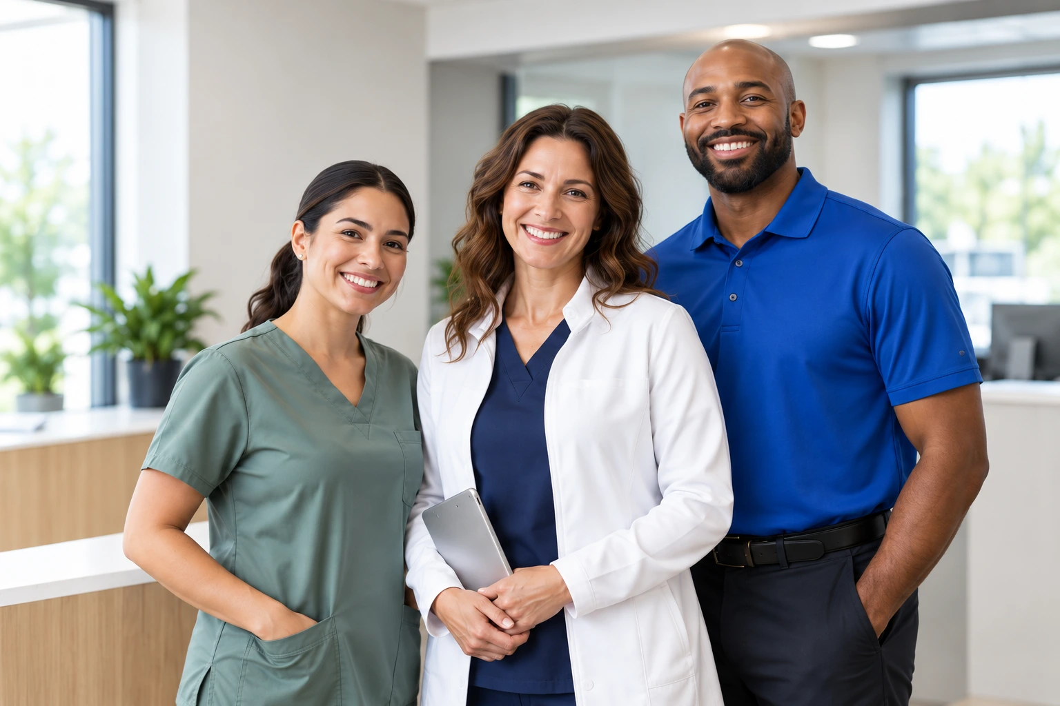 Healthcare team wearing sage scrubs, a white coat and a blue polo
