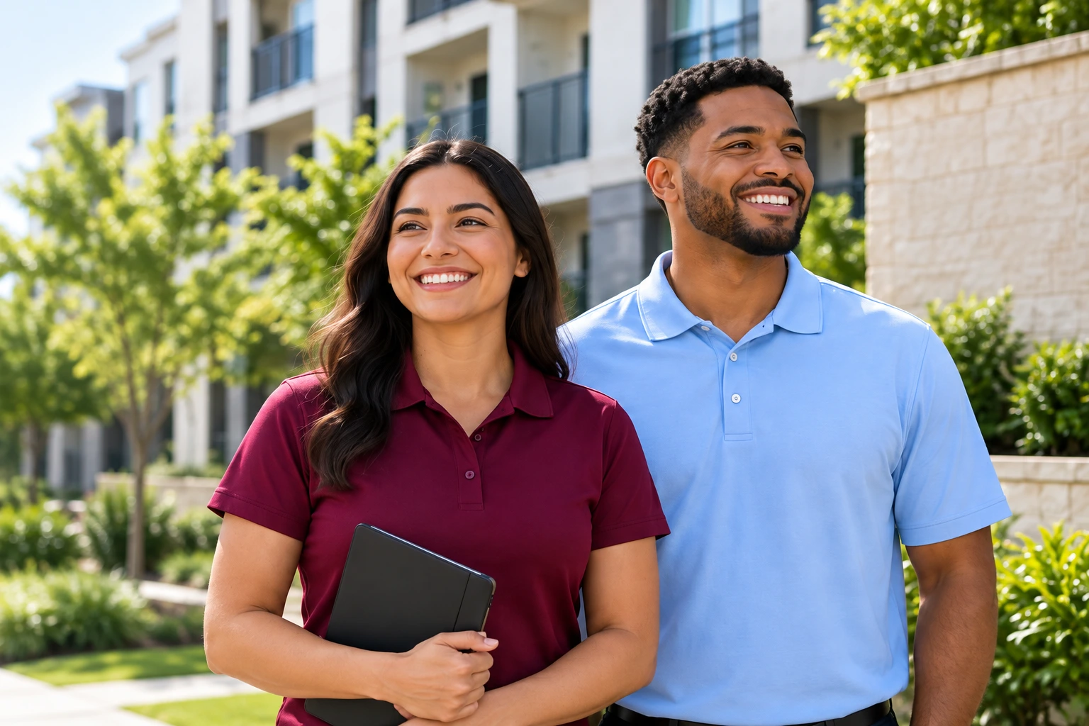 Property staff in burgundy and light blue branded polos
