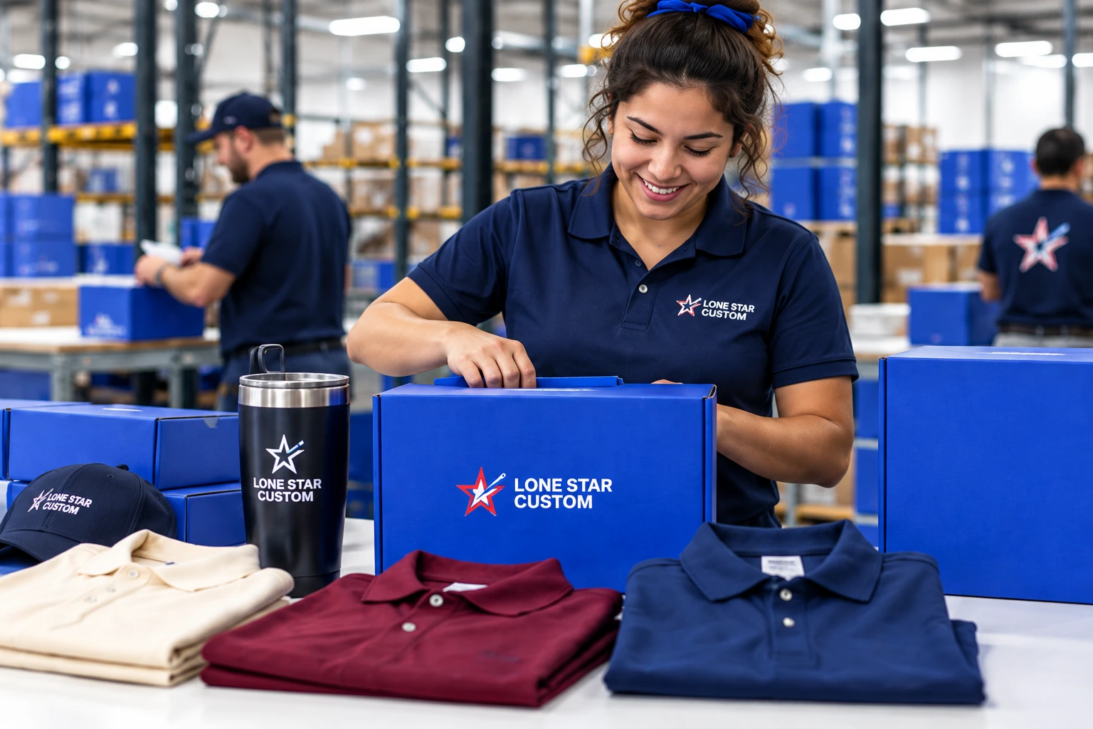 A team member preparing assorted apparel and blue merchandise boxes for delivery