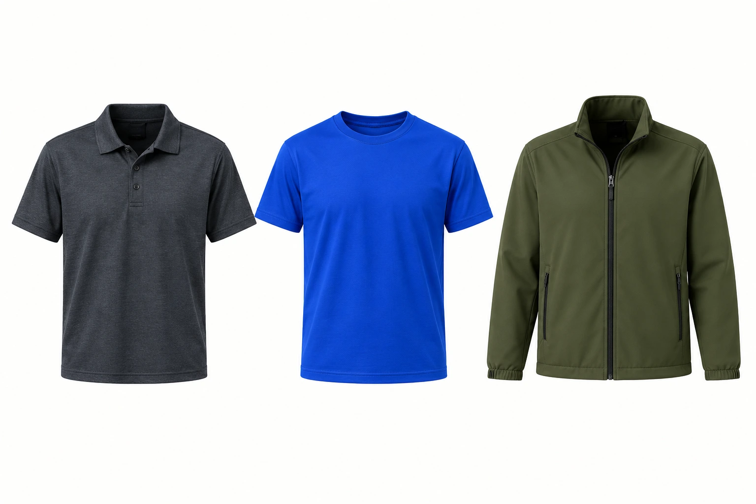 Charcoal polo, royal blue performance tee and olive zip jacket