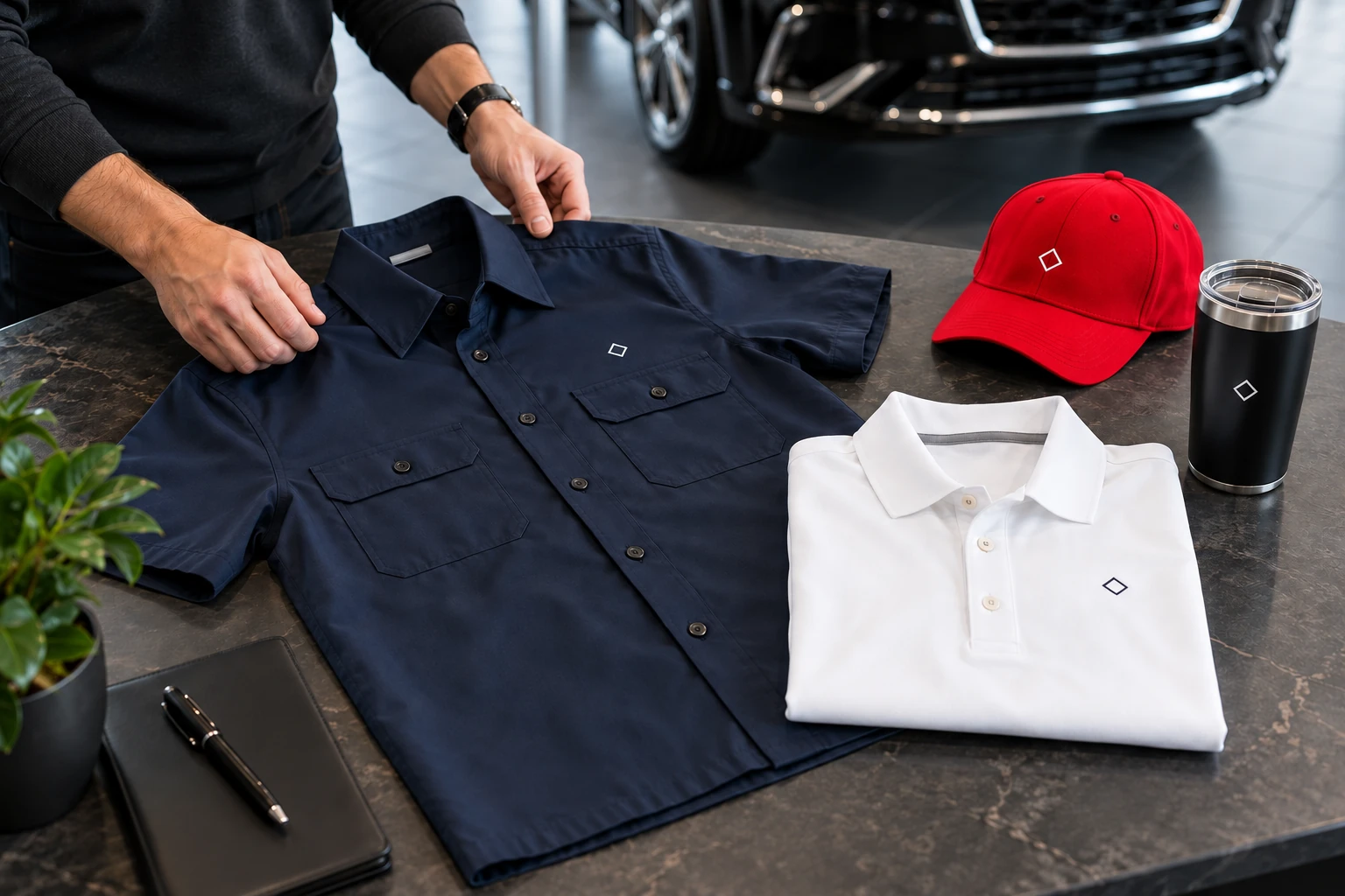 Coordinated branded apparel and accessories in white navy red and royal blue