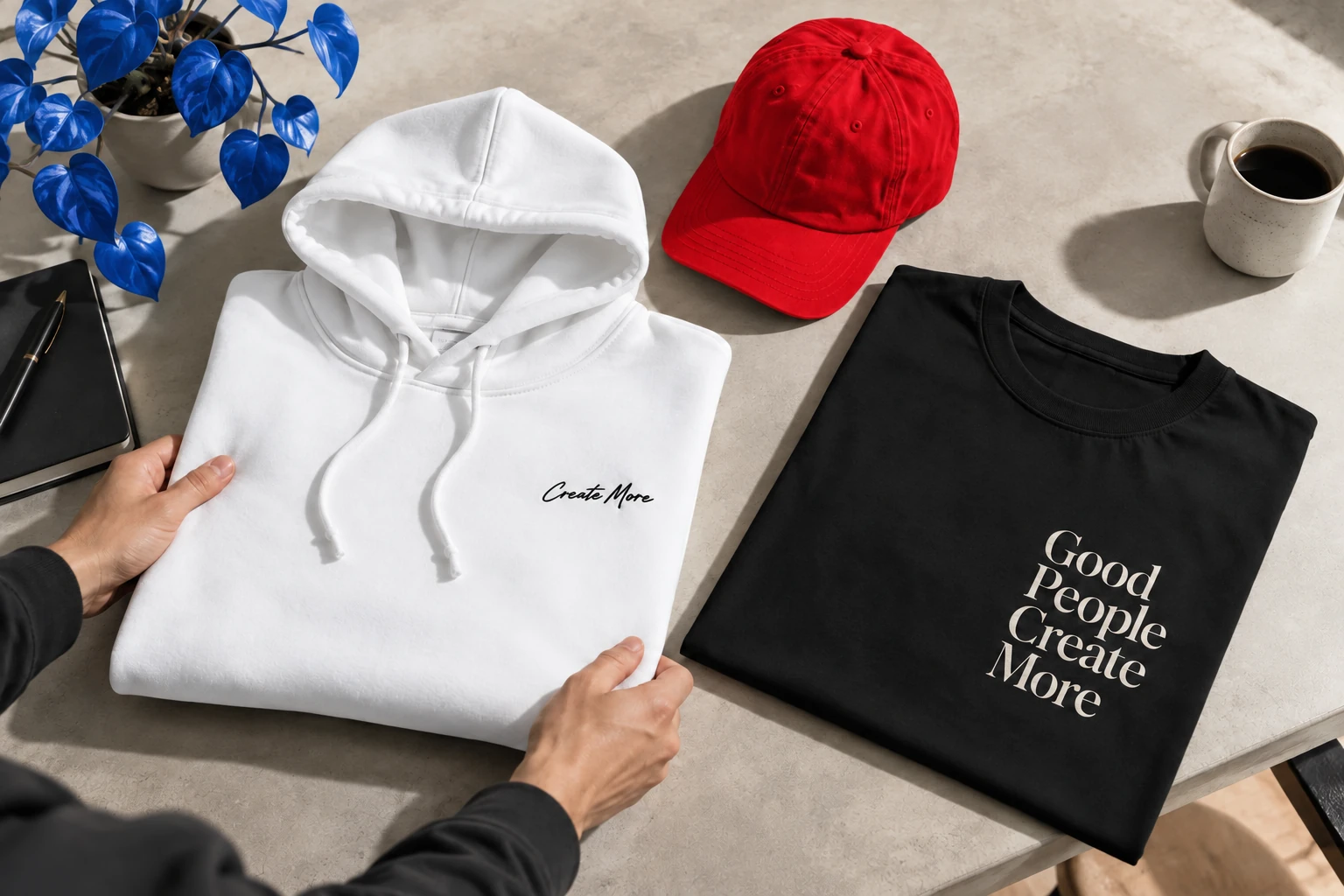 Printed creator merchandise with a white hoodie, black tee and red headwear