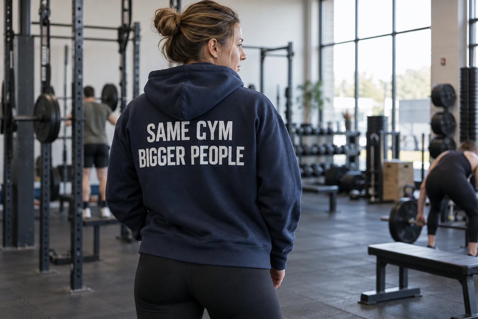 Coach in a navy gym hoodie