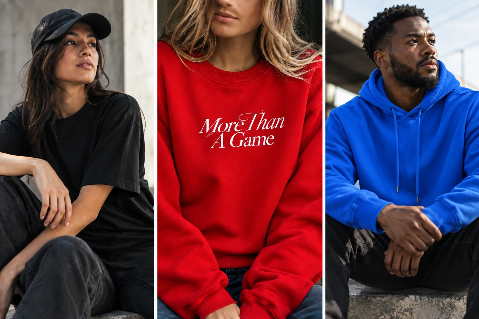 Creator apparel collection featuring black, red and royal blue looks with printed designs