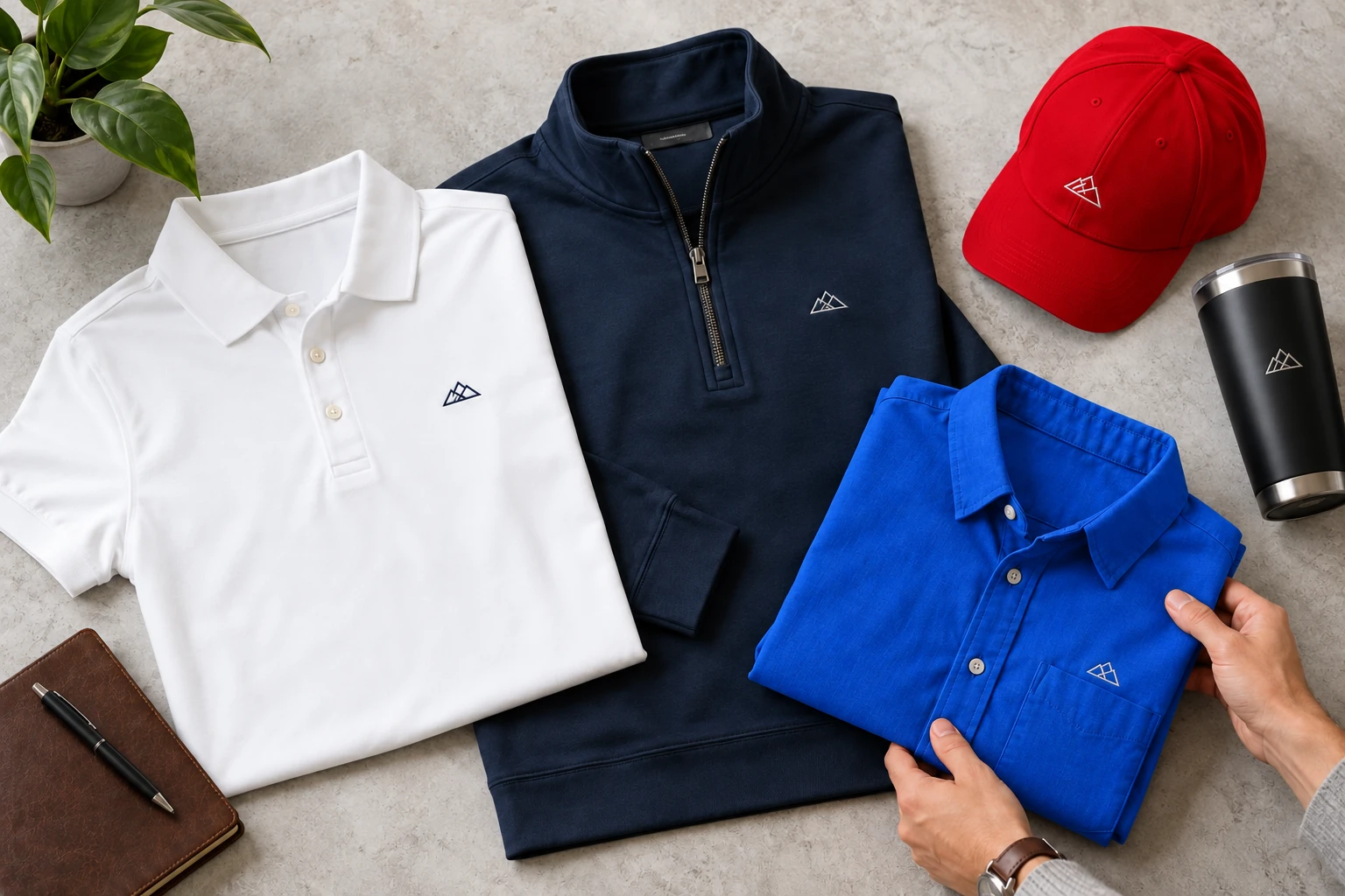 Branded white and royal blue polos, navy layer and red cap arranged for a client merchandise program