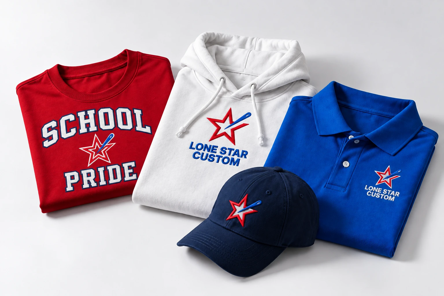 School apparel concept with red spirit shirt, white hoodie and royal blue polo