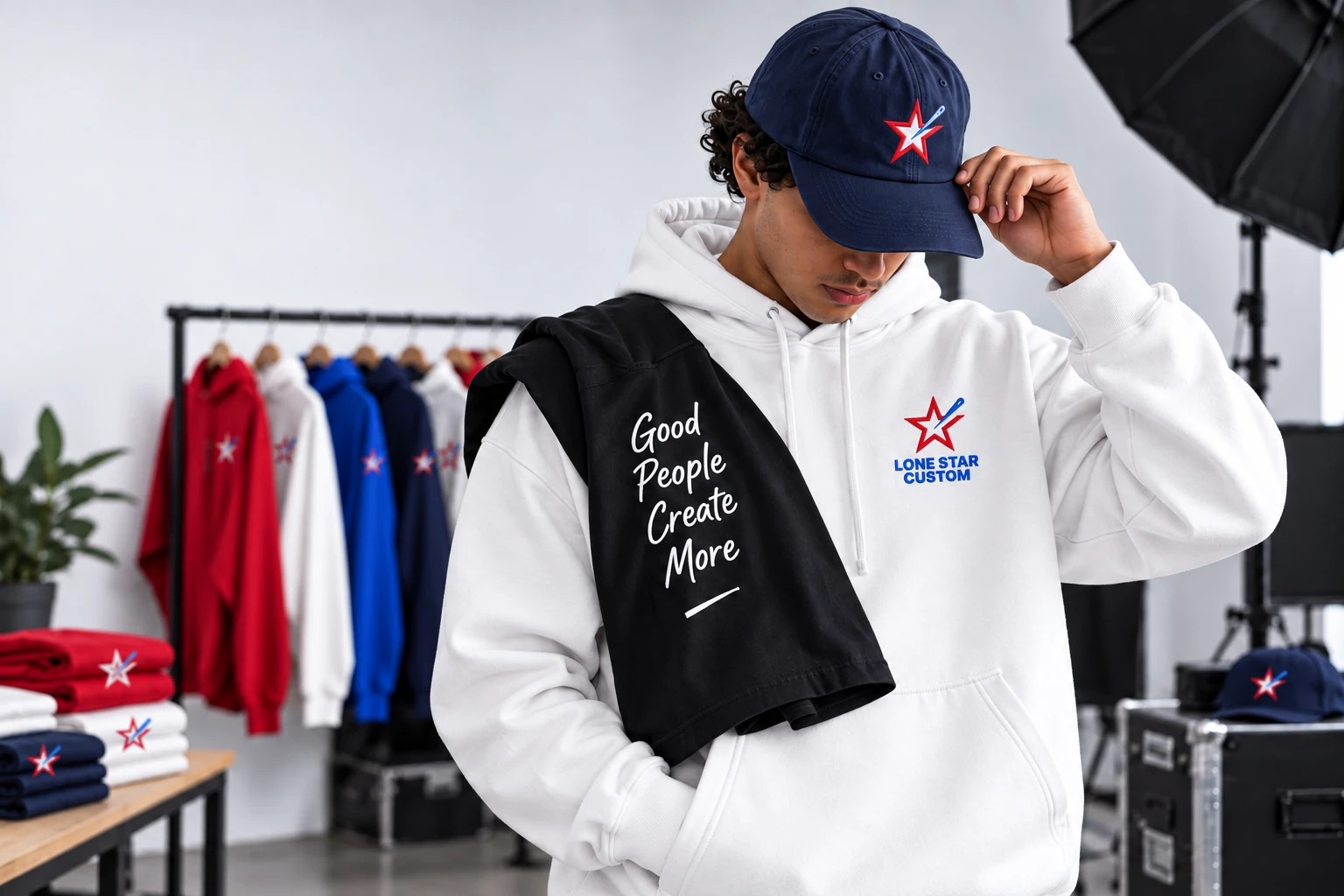 Creator in a white Lone Star Custom hoodie and navy logo cap holding a printed shirt in a merchandise studio