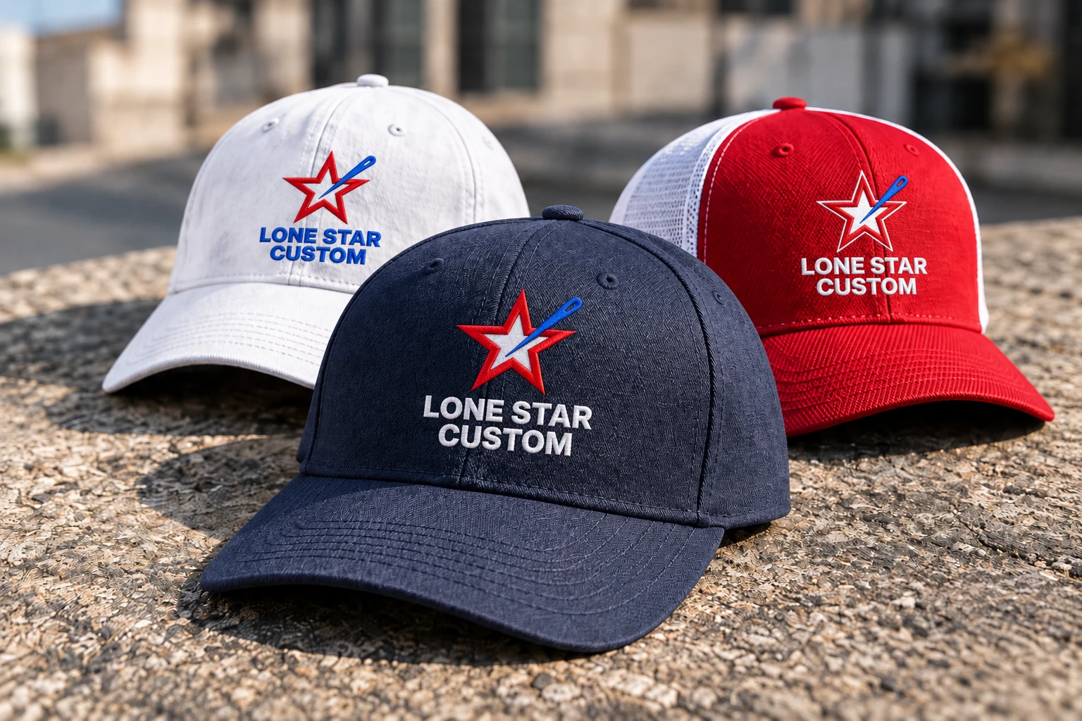 White, navy and red caps with LS Custom logos